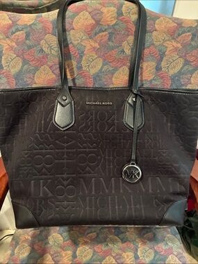 Michael Kors Black Embossed Logo Tote with MK Charm